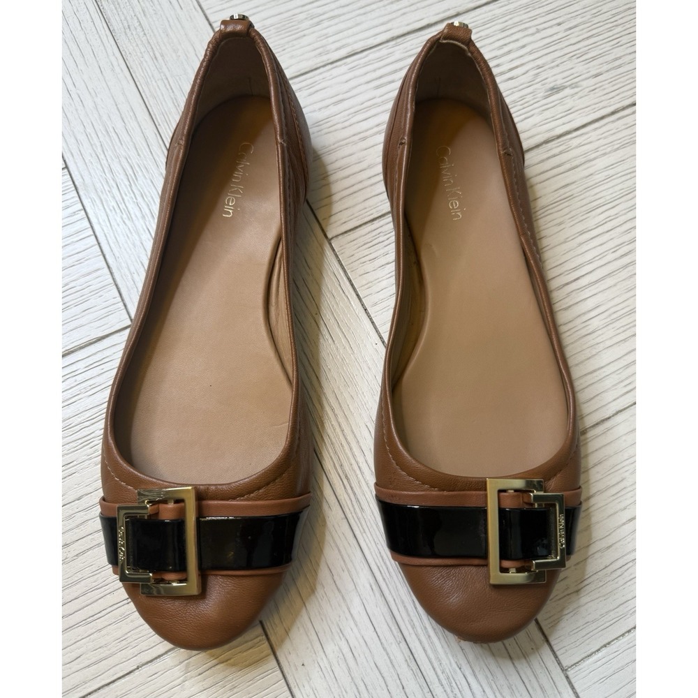 Calvin Klein Ballet Flat Women Sz 7 Shoes Comfort Buckle Brown Black Cottage